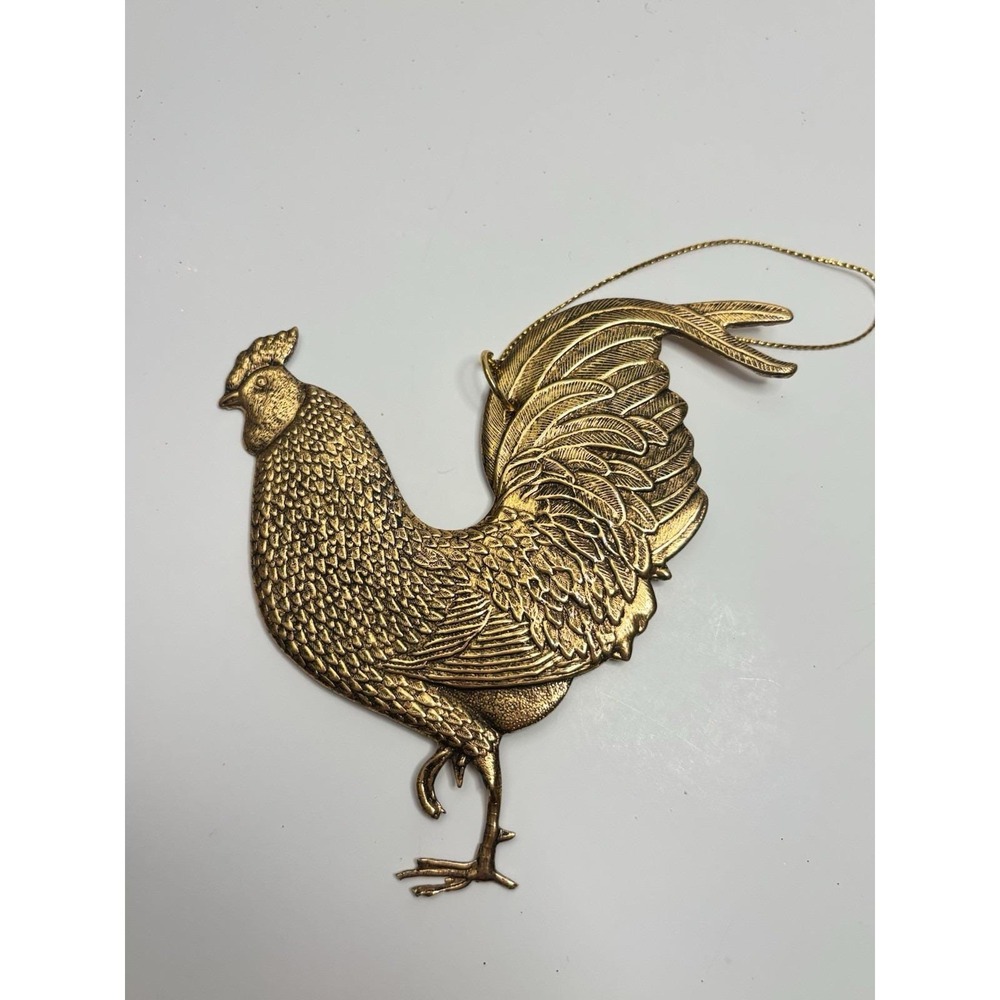 Vintage Aluminum Rooster Christmas Ornament Gold Flat 4.5"